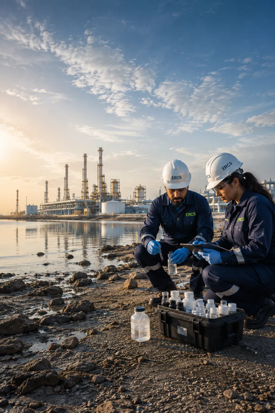 ERCS environmental engineers conducting a field investigation and water sampling near an industrial coastal site