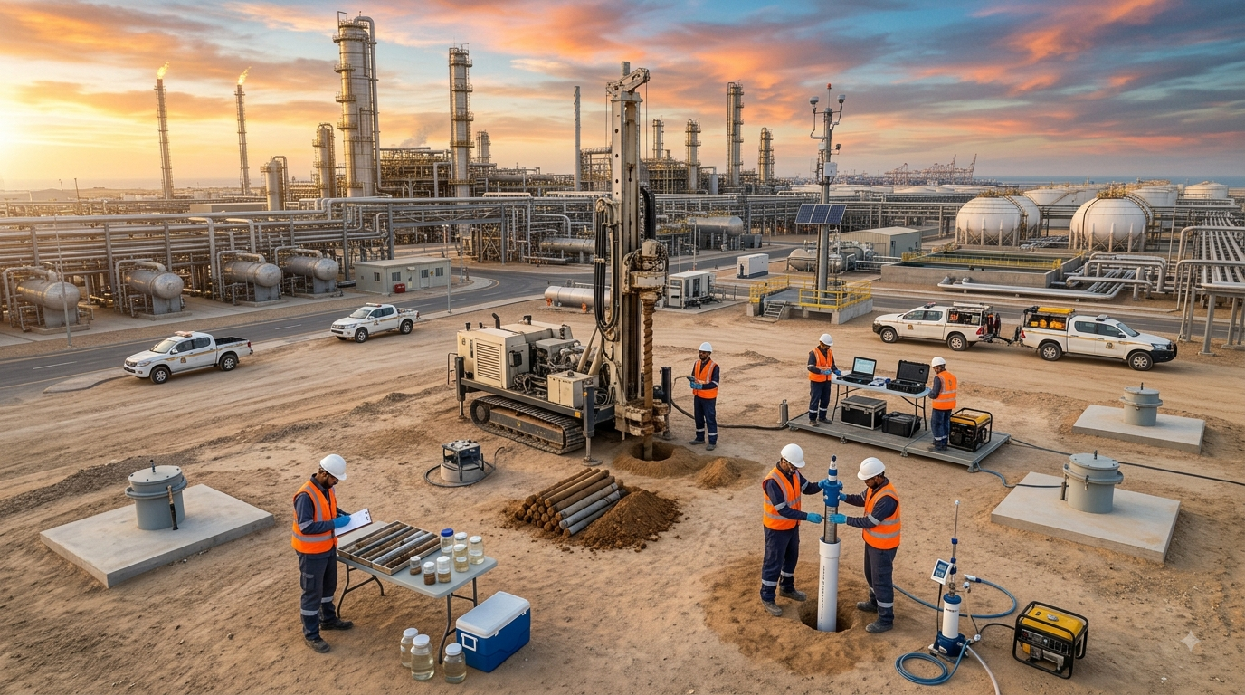 Environmental field investigation at an industrial site — site characterization and monitoring well installation