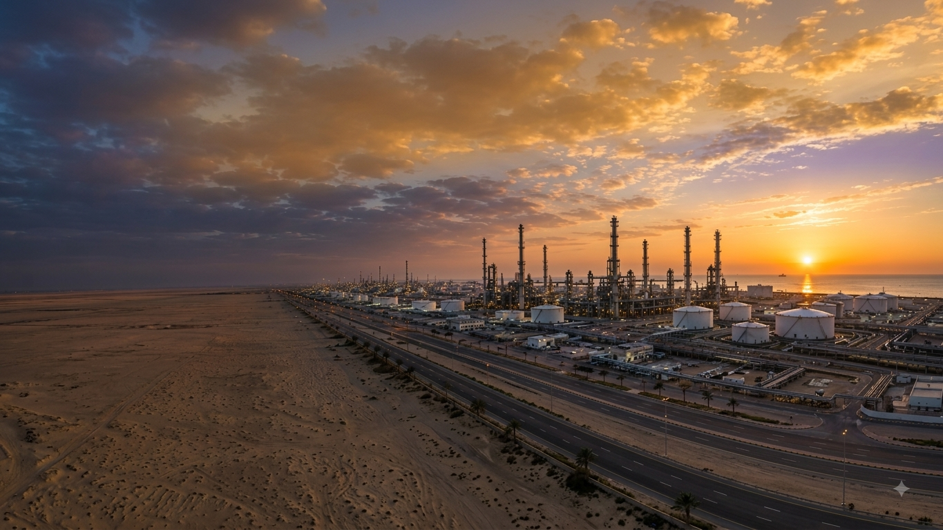 Aerial view of an industrial coastal refinery at sunset, Saudi Arabia