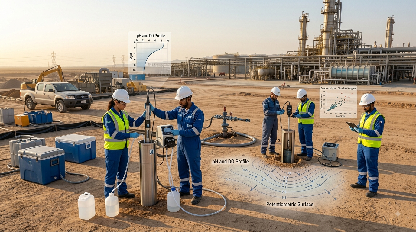 Groundwater monitoring well network and field data collection