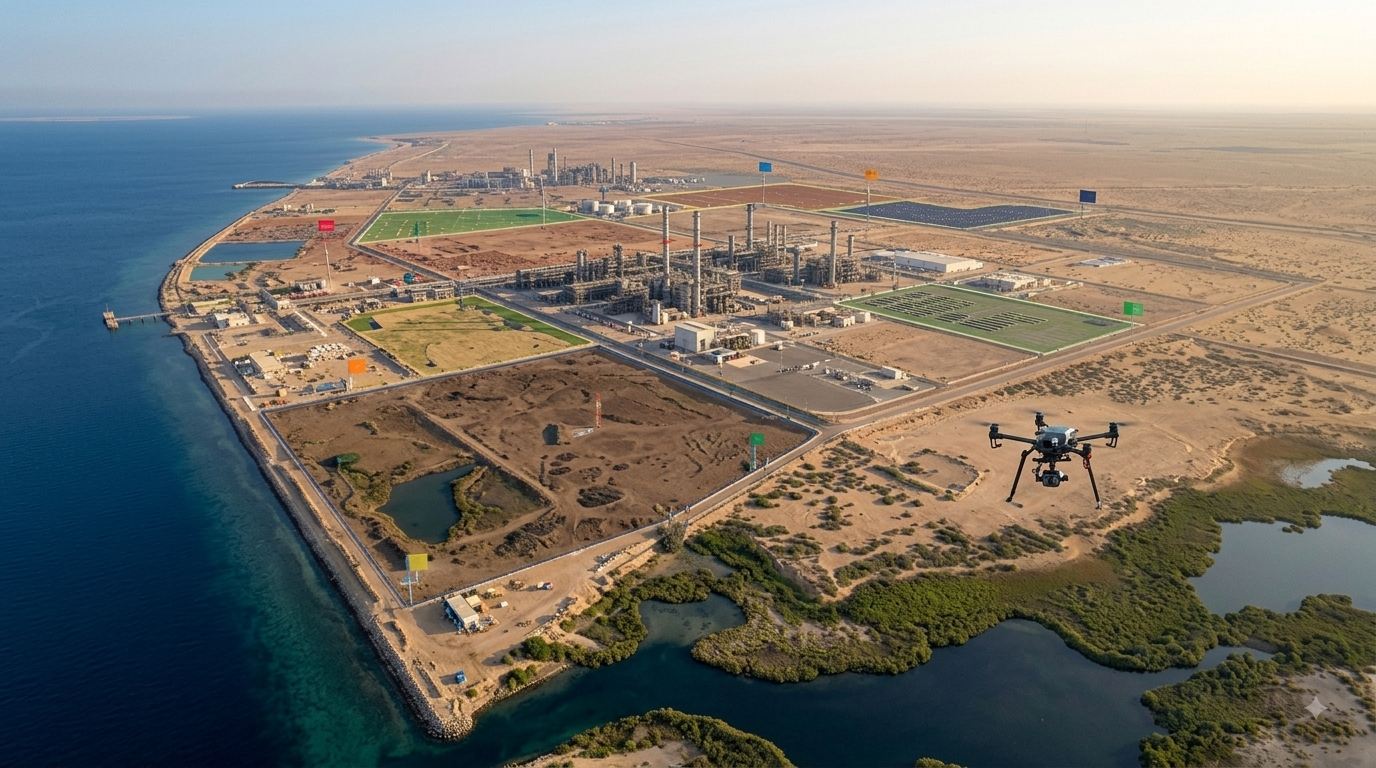 Aerial cross-section illustration of groundwater monitoring wells at a coastal industrial facility